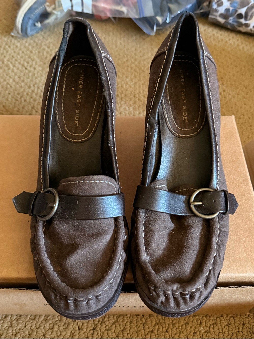 Vintage Lower East Side Women’s Brown Suede Loafers with Buckle Wedge Heel